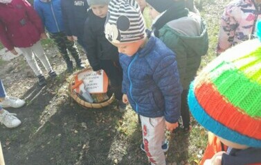 Dzieci stoją w ogrodzie przedszkolnym. Obok nich stoi kosz cebulki tulipan&oacute;w do ogrodu zmysł&oacute;w. W koszyku jest r&oacute;wnież sprzęt do sadzenia cebulek.
