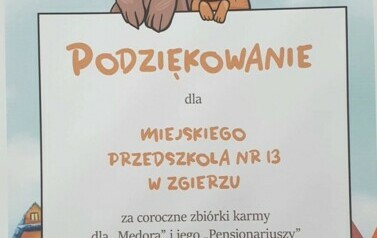 Podziękowanie dla Miejskiego Przedszkola nr 13 w Zgierzu za zbi&oacute;rkę karmy dla zwierząt ze schroniska MEDOR. 