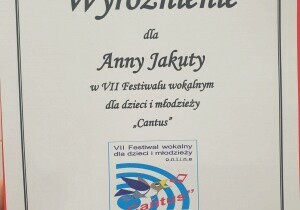 Wyr&oacute;żnienie dla Anny Jakuty w si&oacute;dmym Festiwalu muzycznym dla dzieci i młodzieży Cantus.