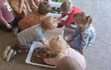 Dzieci siedzą przy plastikowych pojemnikach. W pojemnikach znajdują się kasztany, orzechy, szyszki, żołędzie, liście. Dzieci dotykają je.