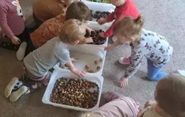 Dzieci siedzą przy plastikowych pojemnikach. W pojemnikach znajdują się kasztany, orzechy, szyszki, żołędzie, liście.
