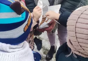 Dzieci stoją przy pani. Wybierają zirenka z torebki.