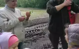 Leśnik tłumaczy coś dzieciom.