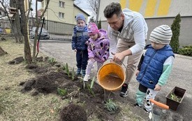 Dzieci z nauczycielem sadzą kwiaty w ogrodzie przedszkolnym.