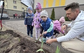 Dzieci z nauczycielem sadzą kwiaty w ogrodzie przedszkolnym.