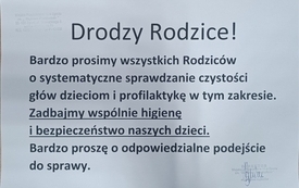 Informacja dla Rodzic&oacute;w o sprawdzaniu czystości gł&oacute;w dzieci