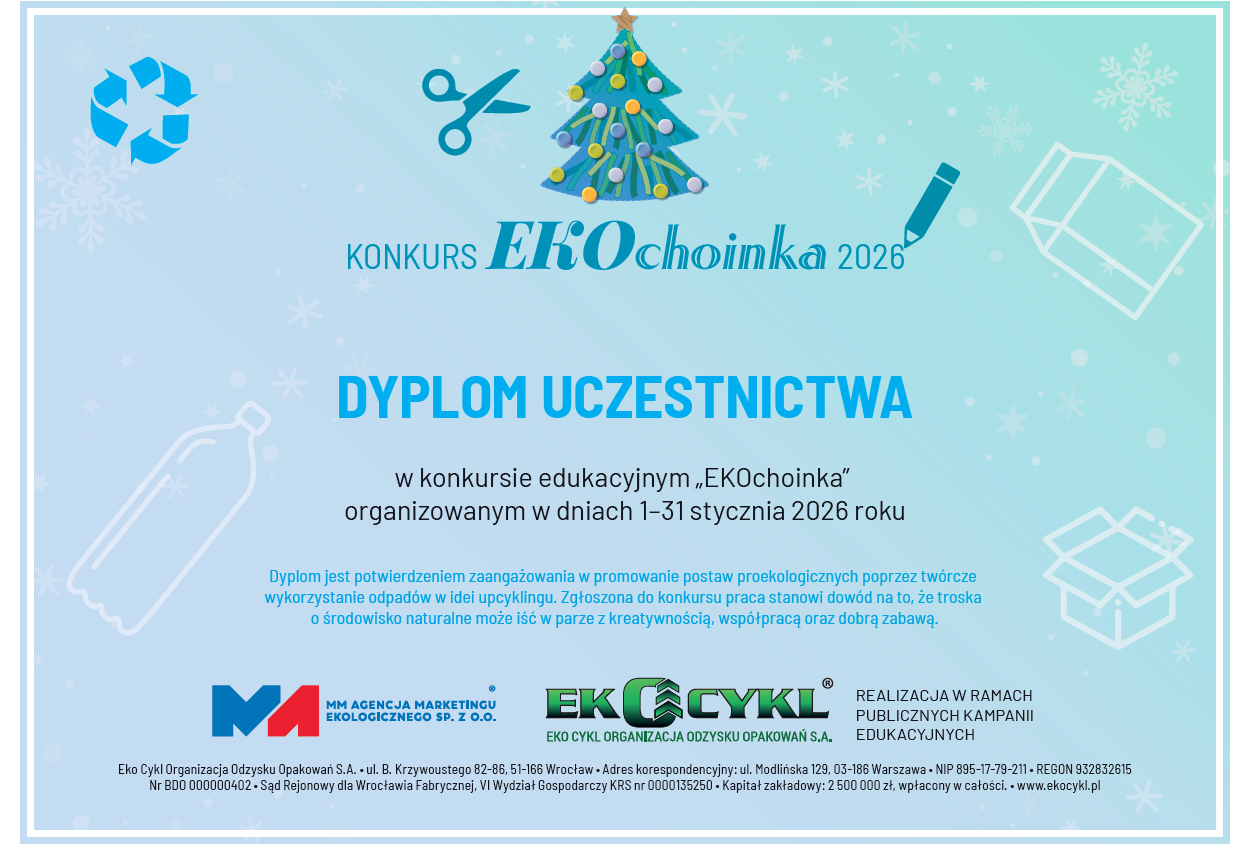 dyplom uczestnictwa w&nbsp;konkursie edukacyjnym EKOChoinka