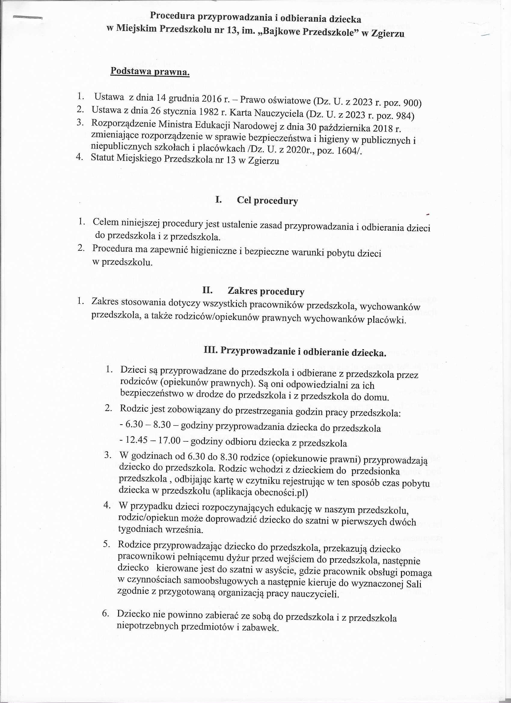 Procedura przyprowadzania i odbierania dzieci z przedszkola