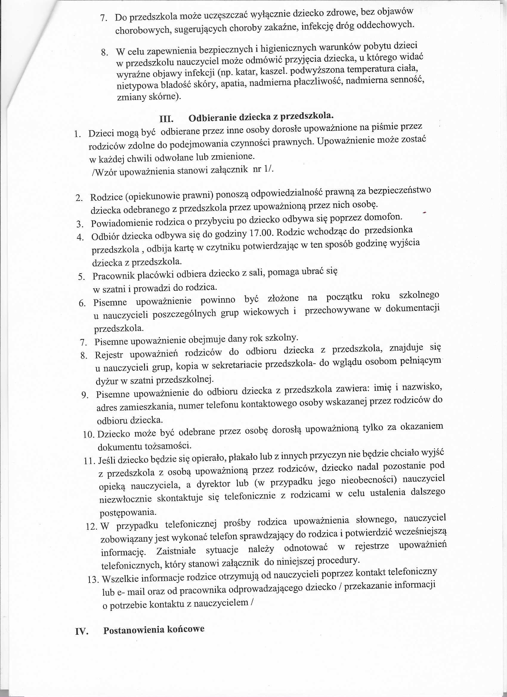 Procedura przyprowadzania i odbierania dzieci z przedszkola